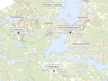 Kartbild med markeringar för samtliga tappställen i kommunen.