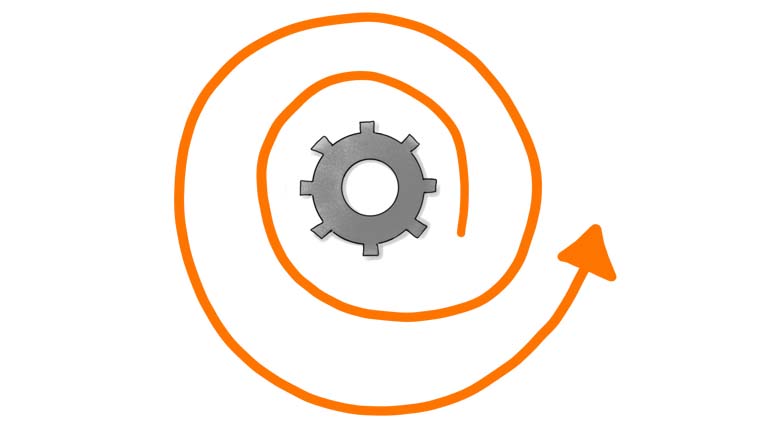 Illustration som visar ett kugghjul och en spiralformad pil
