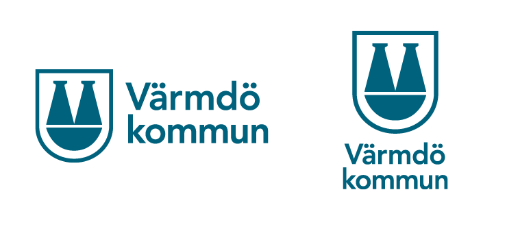 Värmdö kommuns logotyp i liggande och stående format.