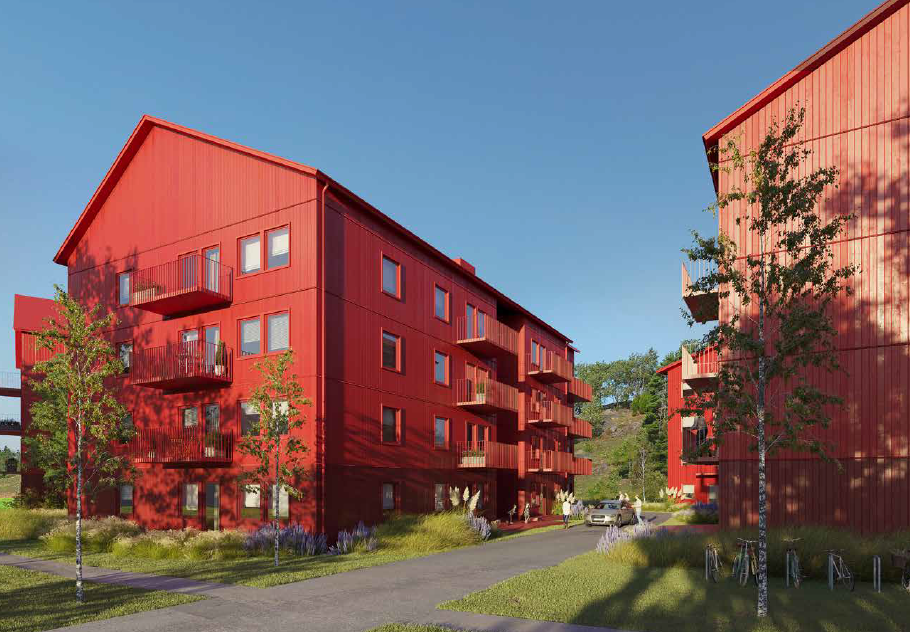 Arkitektritad bild som visar röda flerbostadshus i ett bostadsområde.