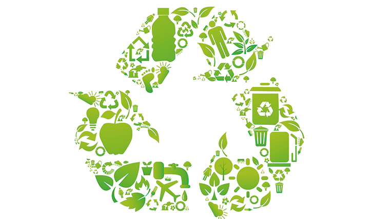 En återvinningssymbol bestående av olika sorters avfall. 
