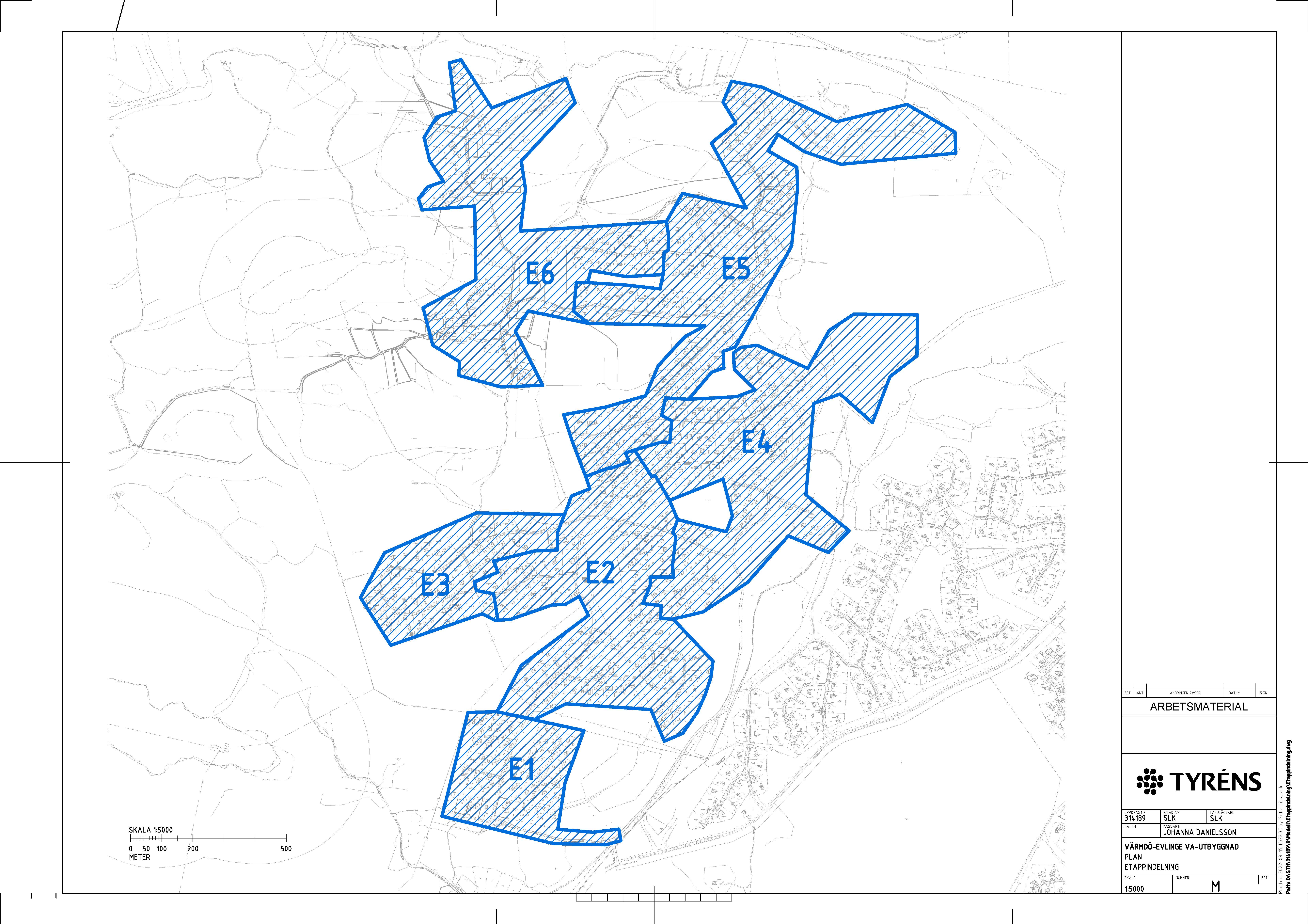 Karta över Evlinge med de olika etapperna markerade.