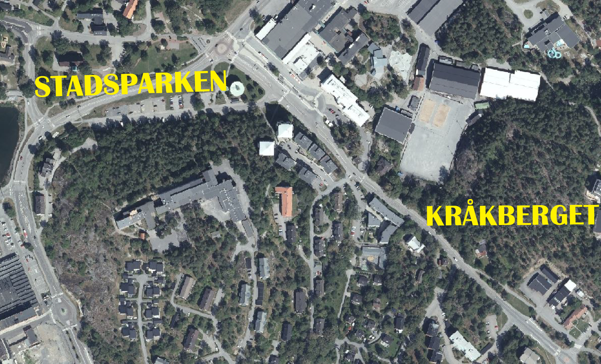 Foto över området med texterna Stadsparken och Kråkberget skrivet över