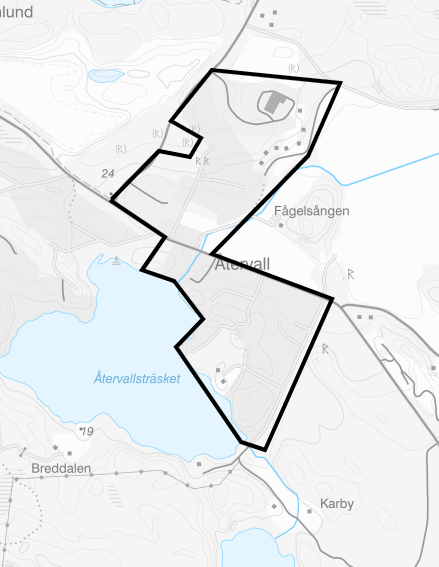 Kartbild som visar det aktuella området Återvall norra och Återvall södra.