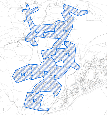 Kartbild över Evlinge indelat i sex olika etapper. Illustration.