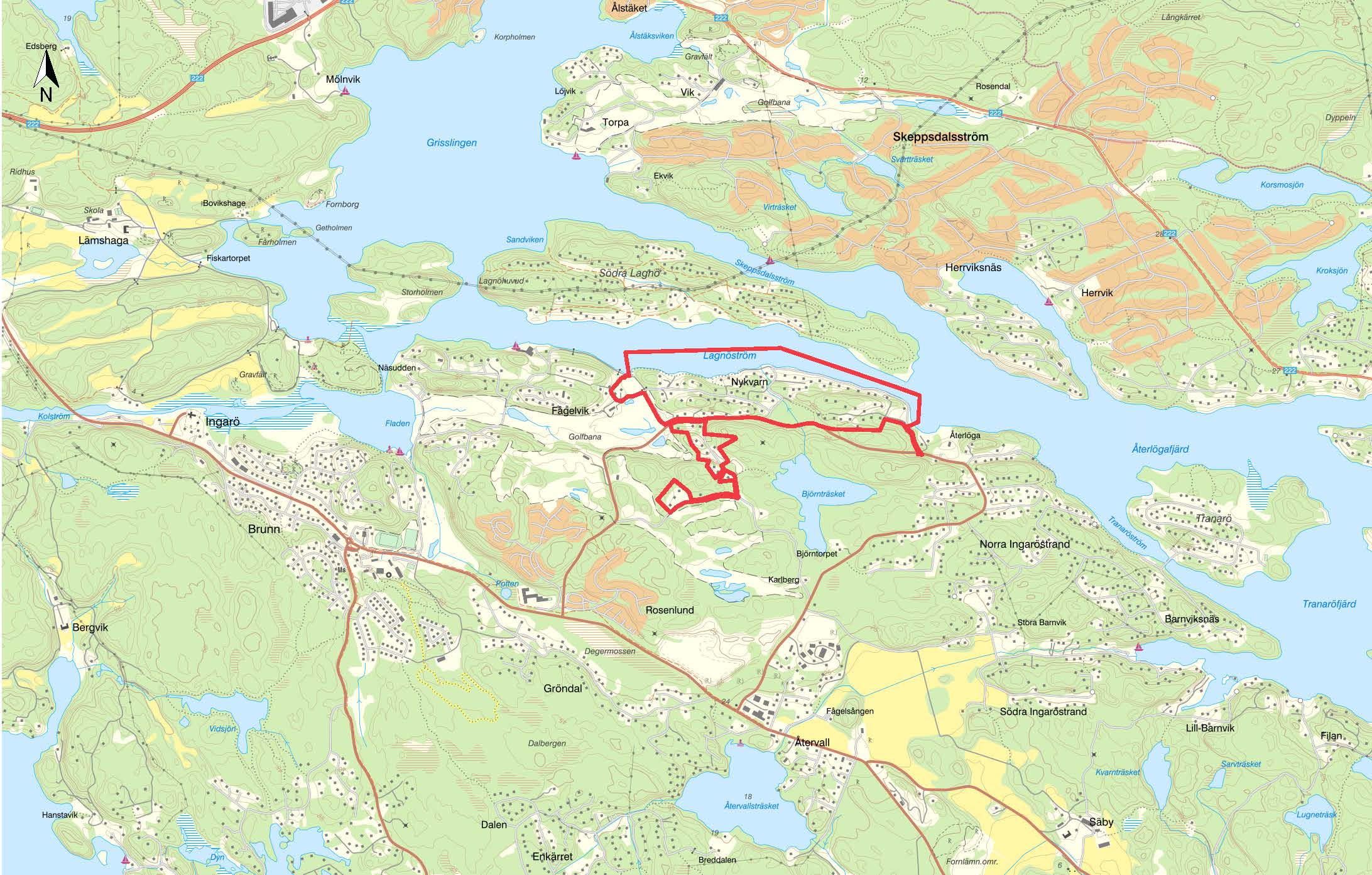 Kartbild över området Fågelvik-Nykvarn.