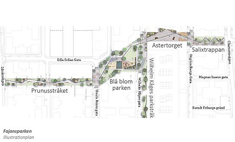Illustrationsbild över hur gatorna och parken är tänkta.