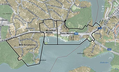 Ortofoto som visar Korpholmen, Centrala Mörtnäs och Östra Mörtnäs ovanifrån.
