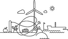 Tecknad bild på vindkraftverk och byggnader.