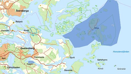 Kartan visar urval av inventeringen. Bland annat är Möja, Södermöja, Lökaön, Korsö,  Bockö, Hemö och Storö markerade.