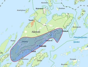 Kartbild med markering av området kring Nämdö.
